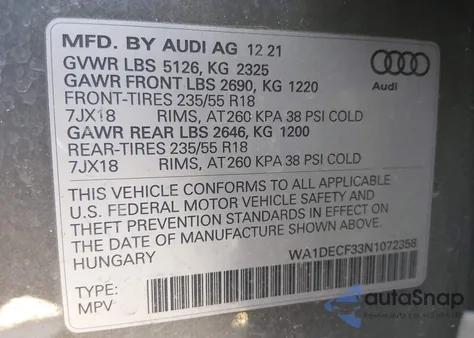 2022 Audi Q3 Premium 45 Tfsi S Line Quattro Tiptronic z USA, uszkodzony, nr VIN WA1DECF33N1072358